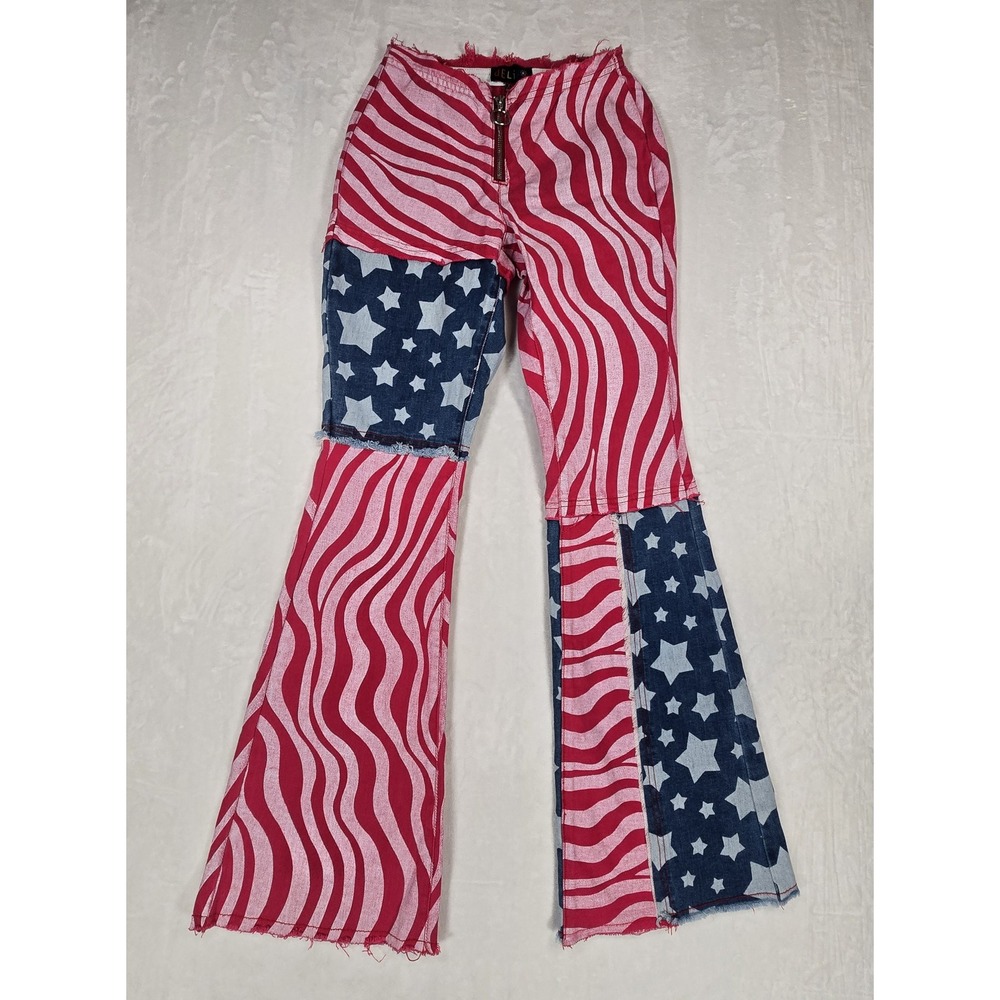 dELiA*s Dolls Kill Stars and Stripes Flare Jeans Red White Blue XS DEL221513